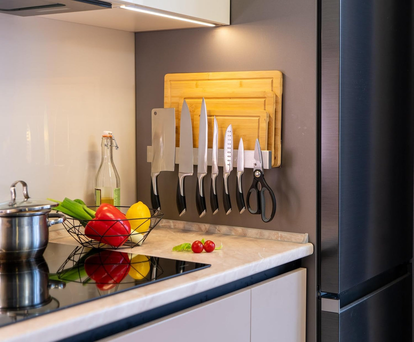 Knife Magnetic Strip & Cutting Board Holder for Wall or Fridge - 16 inch - (Supplies Not Included) - Magnetic Cutting Board & Knife Holder for Fridge or Wall
