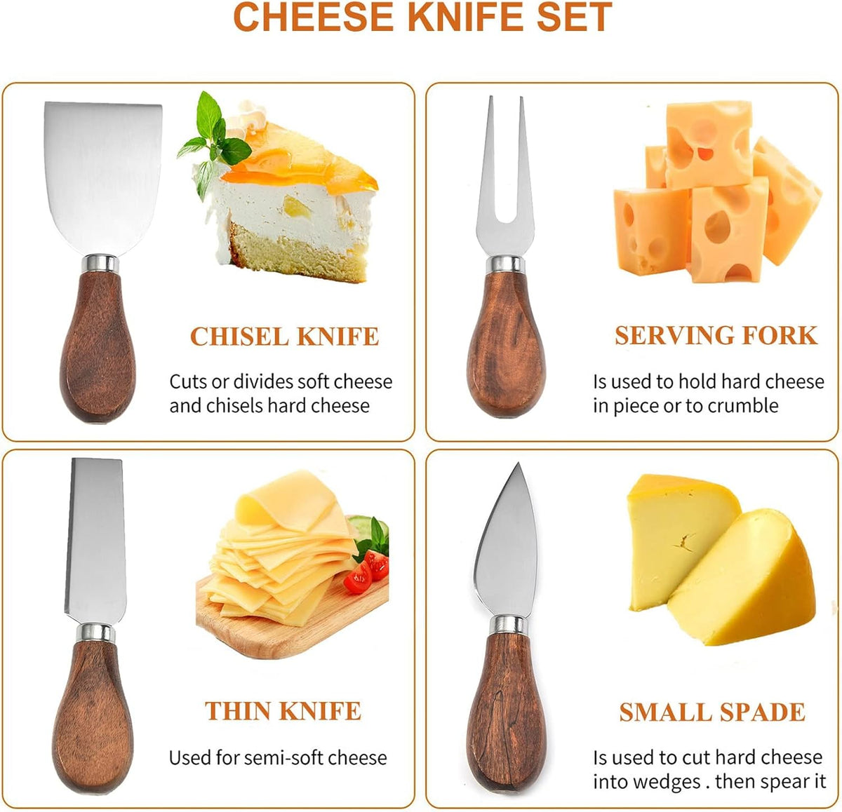 Exquisite 4-Piece Cheese Knives Set,Complete Stainless Steel Cheese Knife Collection(Acacia Wood Handle),Gift-Ready