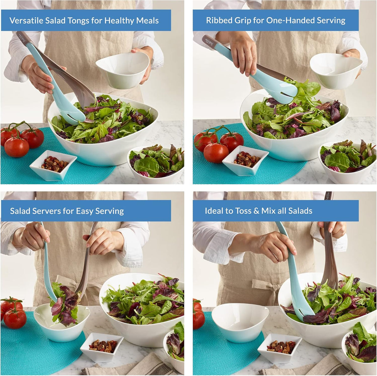 PortoFino Salad Tongs for Serving, Salad Serving Utensils, 2 in 1 Salad Tosser, Salad Serving Tools, Lightweight, Nesting Design Easy to Store, Dishwasher Safe, Plastic, Blue