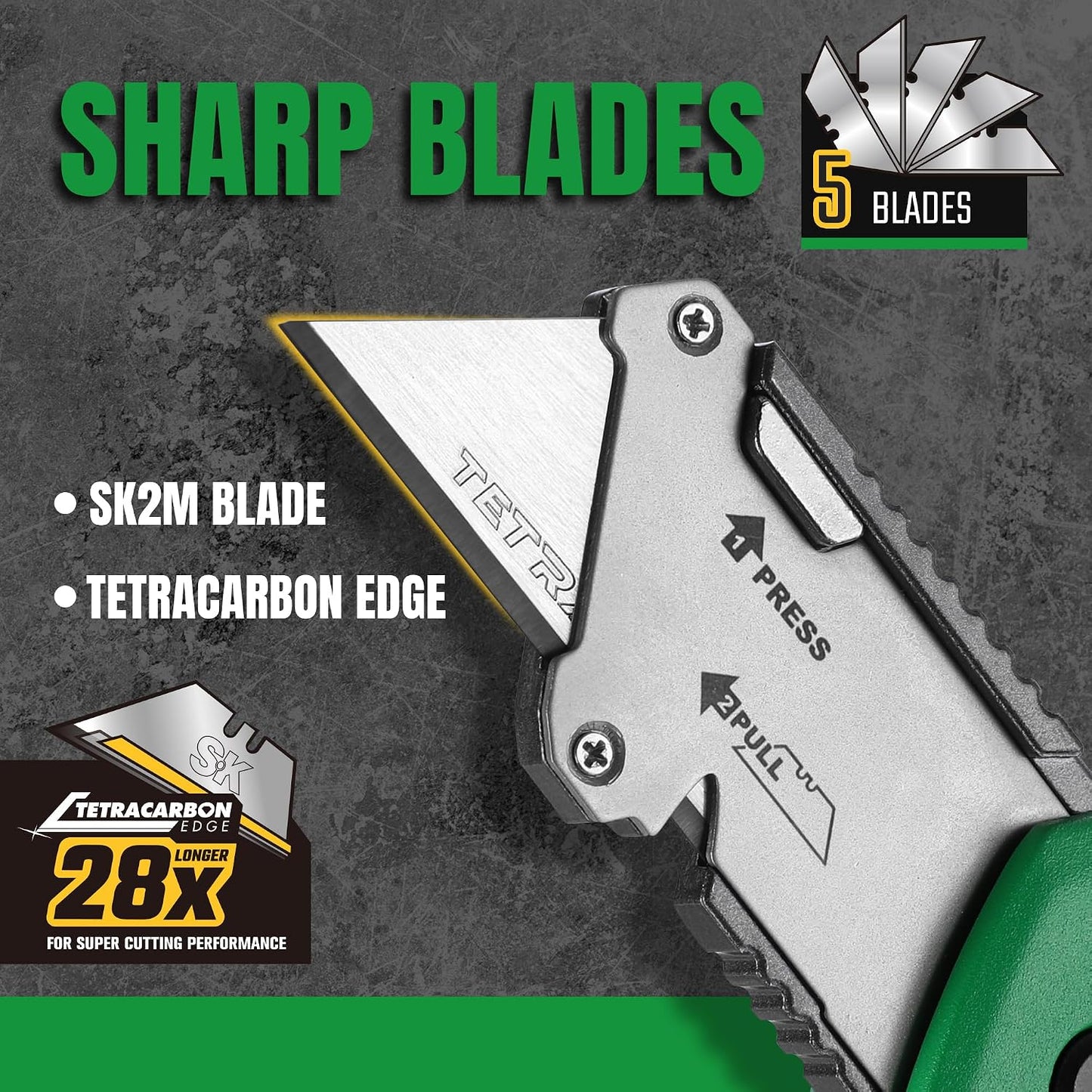 SK Utility Knife with SK2M TAC Blade & Aluminum Handle, Folding Box Cutter | Foldable Razor Knife with 28× Longer Life SK2M Blades, Wire Cutter, Quick Change, Blade Storage, Includes 4 Extra Blades