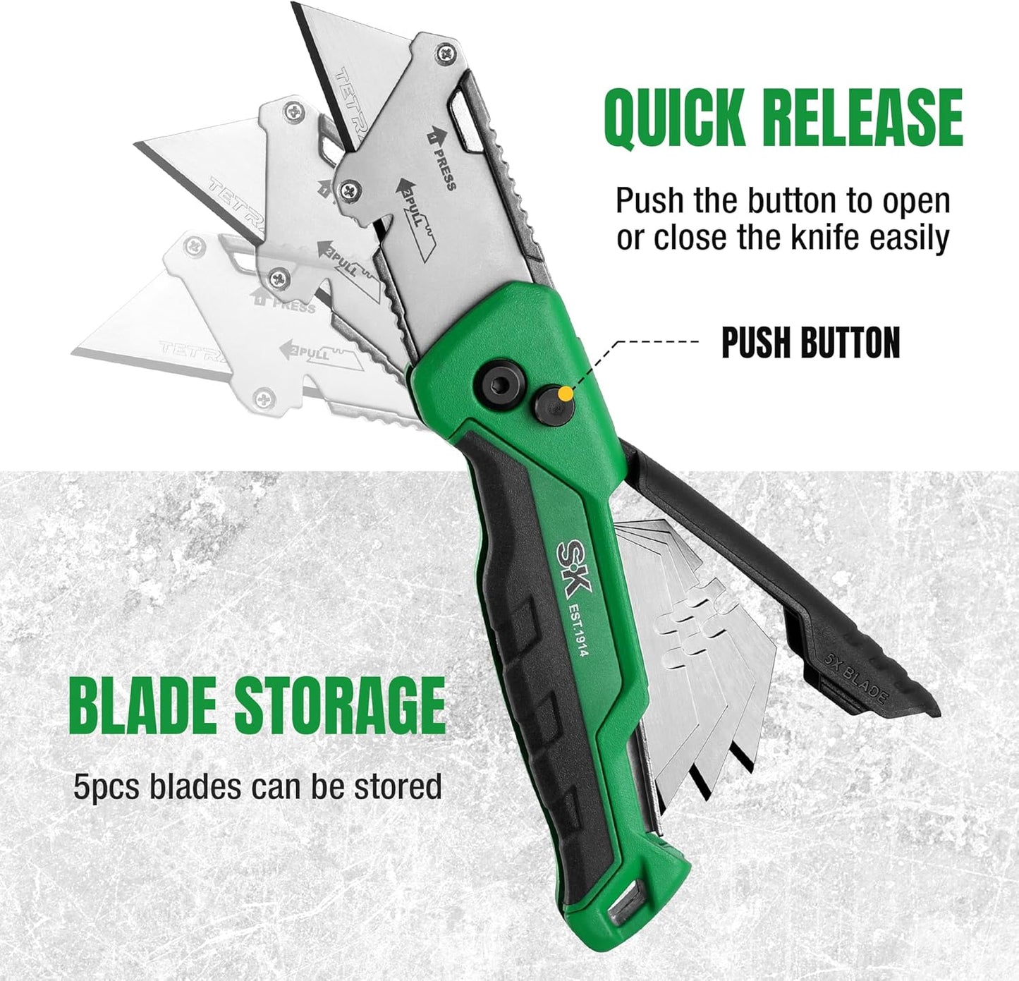 SK Utility Knife with SK2M TAC Blade & Aluminum Handle, Folding Box Cutter | Foldable Razor Knife with 28× Longer Life SK2M Blades, Wire Cutter, Quick Change, Blade Storage, Includes 4 Extra Blades