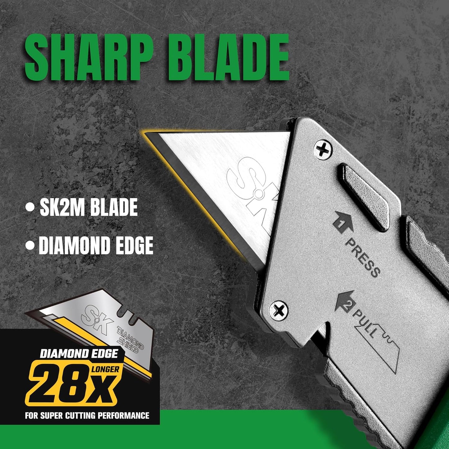 SK Utility Knife with SK2M TAC Blade & Aluminum Handle, Folding Box Cutter | Foldable Razor Knife with 28× Longer Life SK2M Blades, Wire Cutter, Quick Change, Blade Storage, Includes 4 Extra Blades