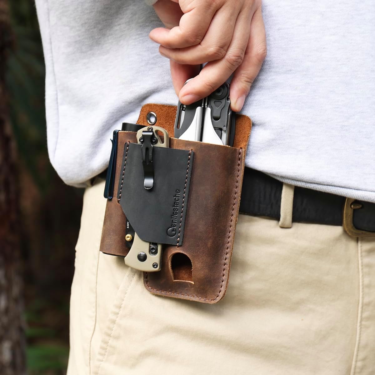 Leather Multitool Sheath - Leather Multi Tool Holster for Belt - Multitool Holder - Multitool Pouch for Leatherman Tool, Flashlight, Pen, Belt Clip EDC Belt Organizer Darkbrown