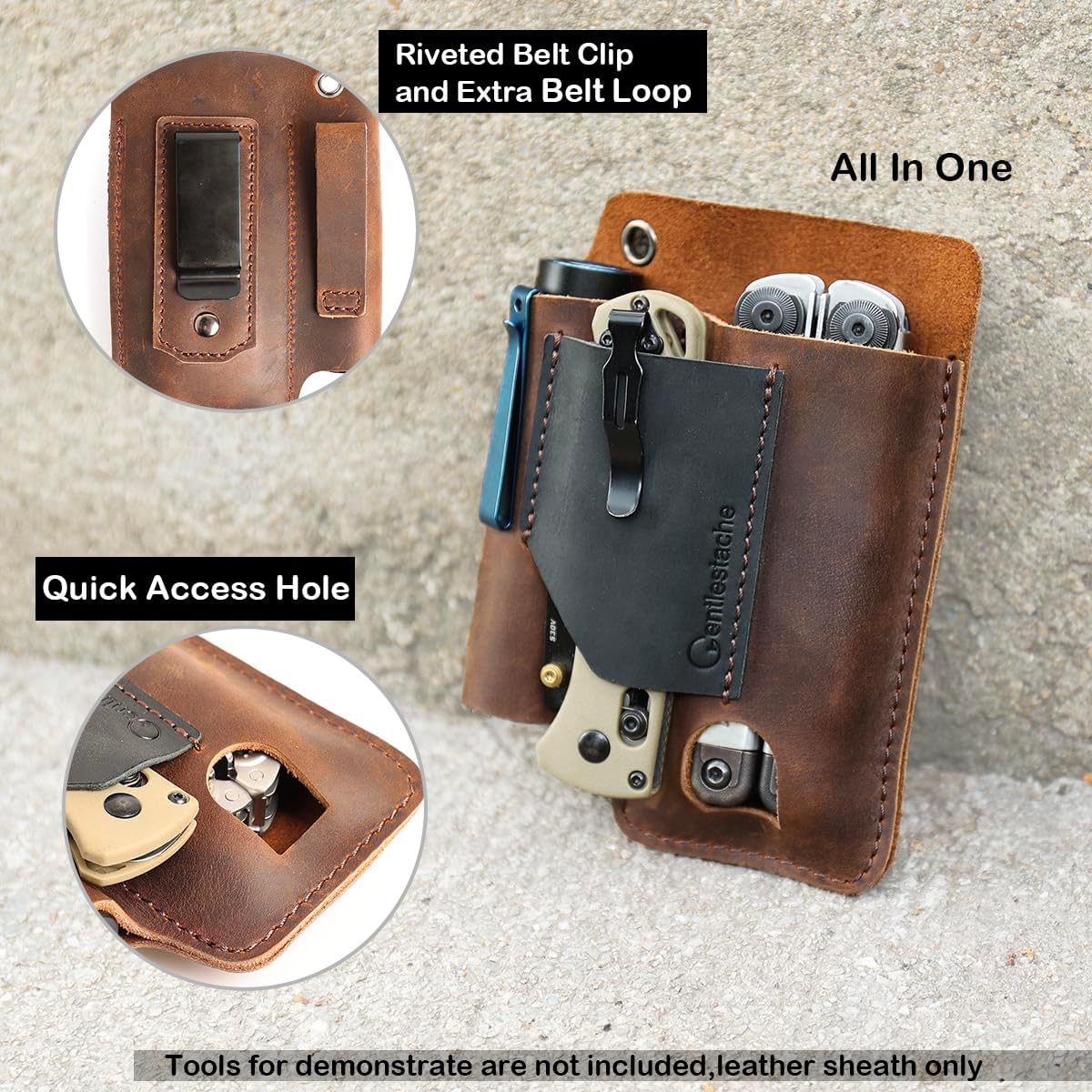 Leather Multitool Sheath - Leather Multi Tool Holster for Belt - Multitool Holder - Multitool Pouch for Leatherman Tool, Flashlight, Pen, Belt Clip EDC Belt Organizer Darkbrown