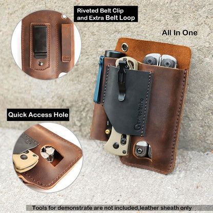 Leather Multitool Sheath - Leather Multi Tool Holster for Belt - Multitool Holder - Multitool Pouch for Leatherman Tool, Flashlight, Pen, Belt Clip EDC Belt Organizer Darkbrown