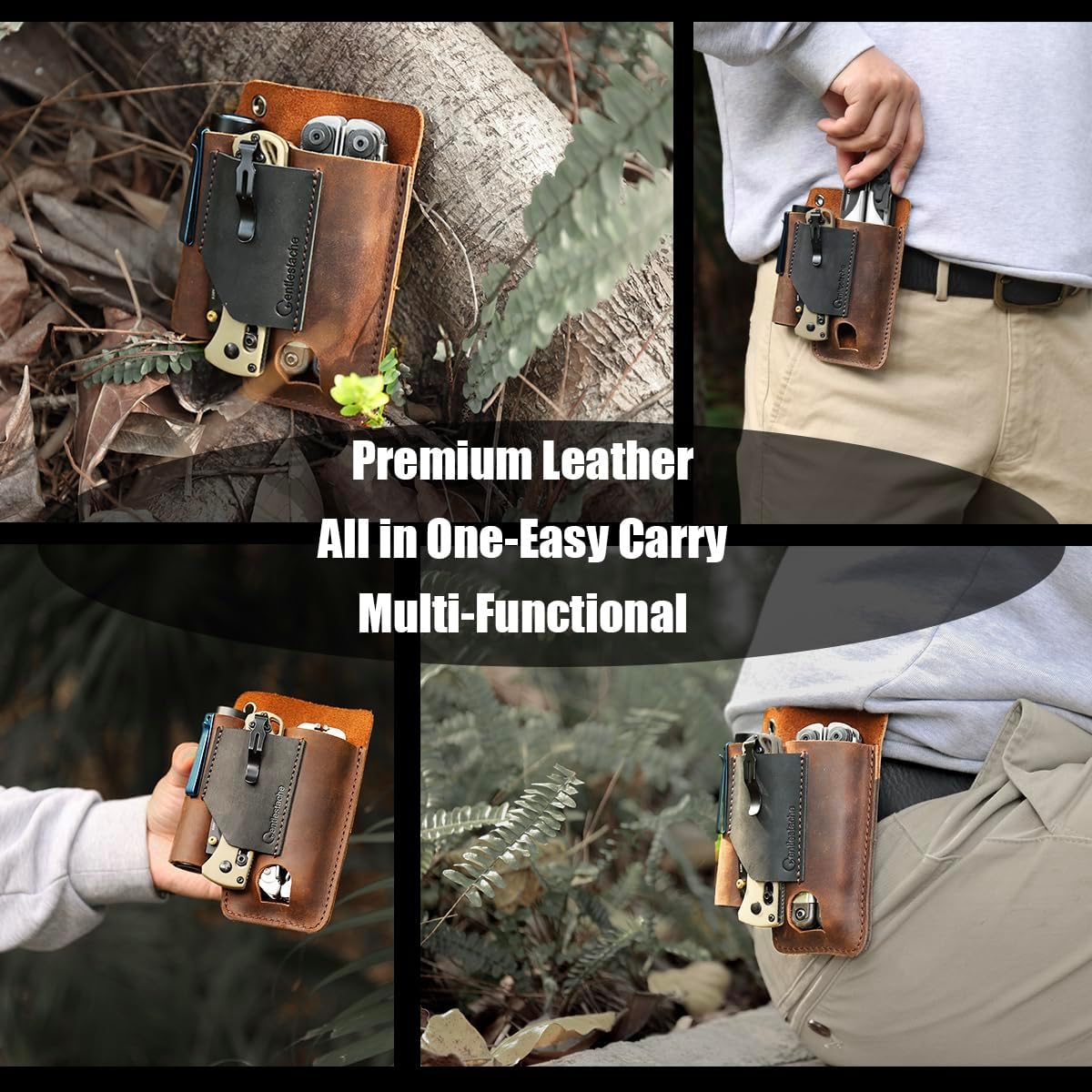 Leather Multitool Sheath - Leather Multi Tool Holster for Belt - Multitool Holder - Multitool Pouch for Leatherman Tool, Flashlight, Pen, Belt Clip EDC Belt Organizer Darkbrown
