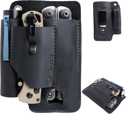 Leather Multitool Sheath - Leather Multi Tool Holster for Belt - Multitool Holder - Multitool Pouch for Leatherman Tool, Flashlight, Pen, Belt Clip EDC Belt Organizer Darkbrown