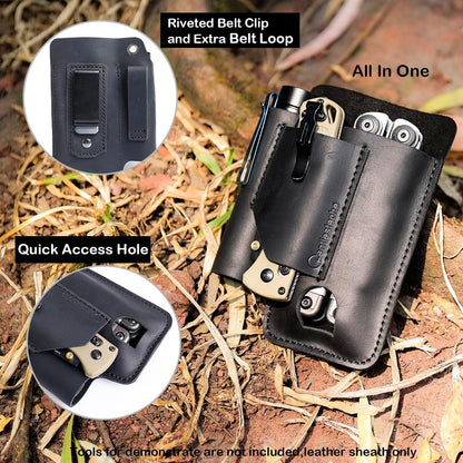 Leather Multitool Sheath - Leather Multi Tool Holster for Belt - Multitool Holder - Multitool Pouch for Leatherman Tool, Flashlight, Pen, Belt Clip EDC Belt Organizer Darkbrown