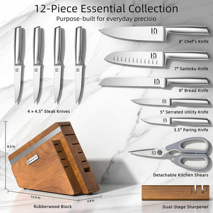 KnifeSaga Kitchen Knife Set with Block and Sharpener | 12-Piece Premium High Carbon Stainless Steel Knife Block Set, Ergonomic Anti-Slip Handle, Rubberwood Knife Block
