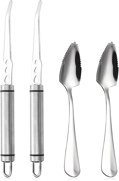 Grapefruit Knife - Curved Serrated Stainless Steel, Pack of 2 with 2 Pcs Spoons, for Grapefruit & Oranges