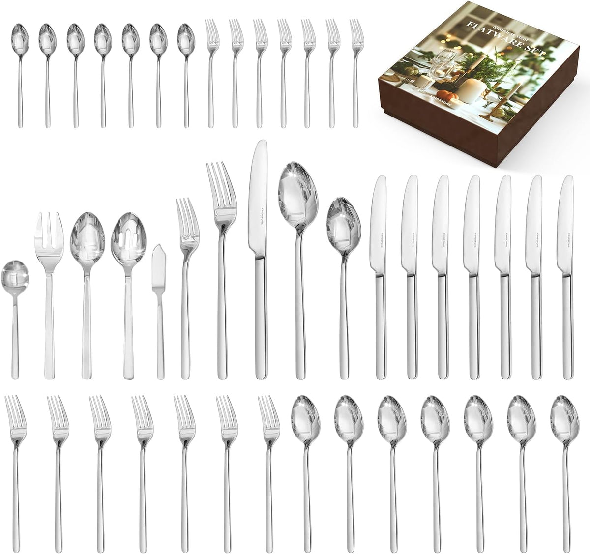 48-Piece Silverware Set with Steak Knives, Flatware Set for 8, 18/10 Stainless Steel Tableware Cutlery Set for Home Restaurant, Mirror Finish,Modern Design