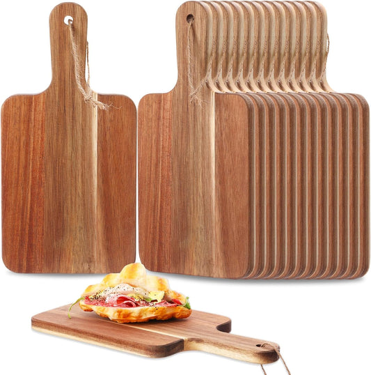 16 Pcs Acacia Wood Cutting Board with Handles Bulk,12 x 6 Inch | Wooden Charcuterie Boards Serving Chopping Boards for Kitchen, Pizza, Bread, Vegetables, Laser Engraving, Housewarming Gifts