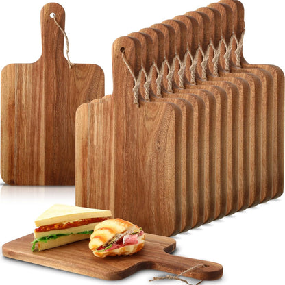 16 Pcs Acacia Wood Cutting Board with Handles Bulk,12 x 6 Inch | Wooden Charcuterie Boards Serving Chopping Boards for Kitchen, Pizza, Bread, Vegetables, Laser Engraving, Housewarming Gifts