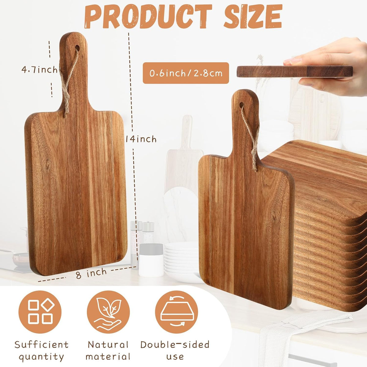 16 Pcs Acacia Wood Cutting Board with Handles Bulk,12 x 6 Inch | Wooden Charcuterie Boards Serving Chopping Boards for Kitchen, Pizza, Bread, Vegetables, Laser Engraving, Housewarming Gifts