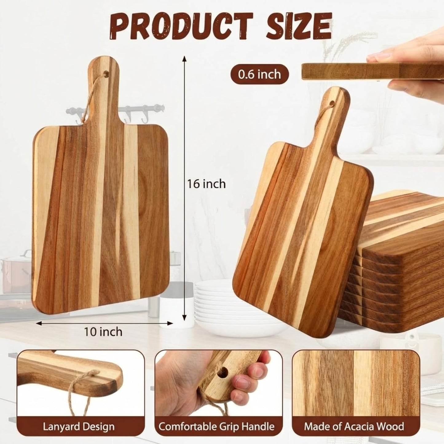 16 Pcs Acacia Wood Cutting Board with Handles Bulk,12 x 6 Inch | Wooden Charcuterie Boards Serving Chopping Boards for Kitchen, Pizza, Bread, Vegetables, Laser Engraving, Housewarming Gifts