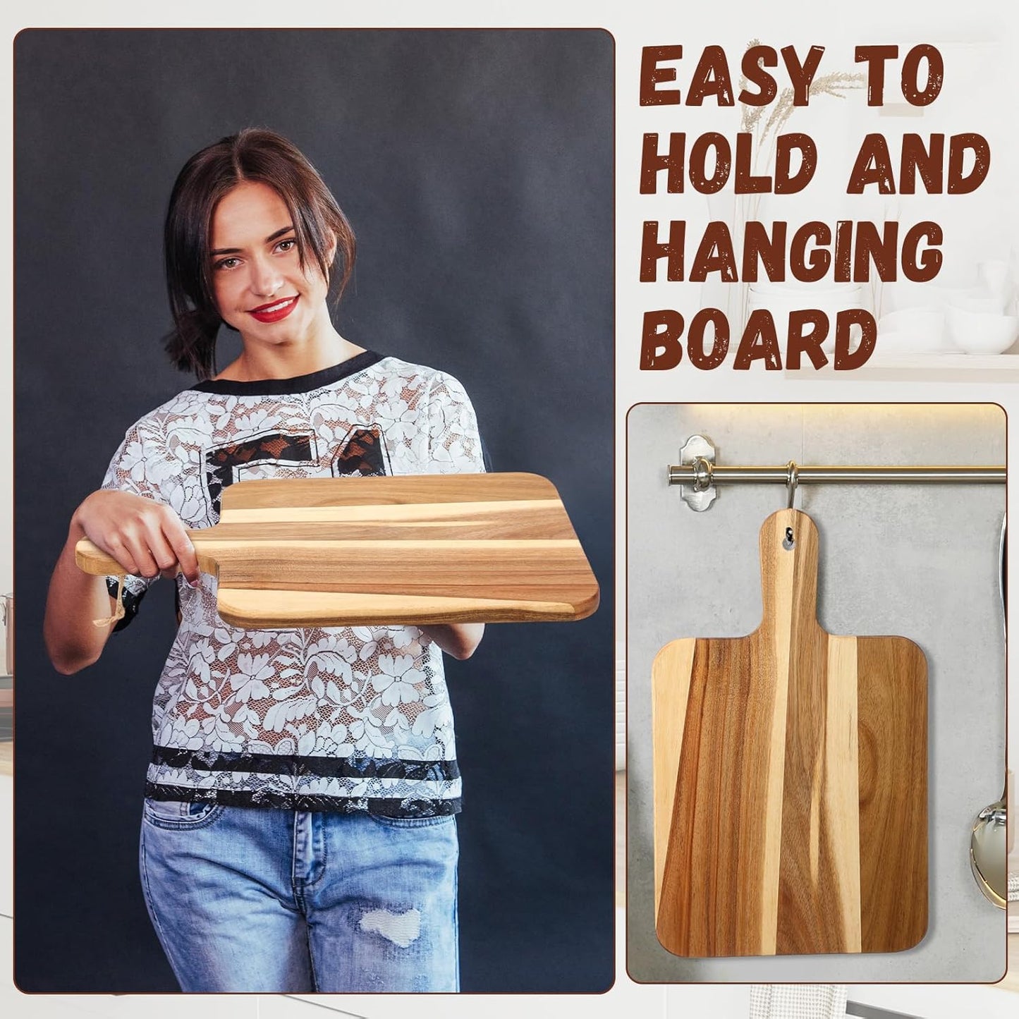 16 Pcs Acacia Wood Cutting Board with Handles Bulk,12 x 6 Inch | Wooden Charcuterie Boards Serving Chopping Boards for Kitchen, Pizza, Bread, Vegetables, Laser Engraving, Housewarming Gifts