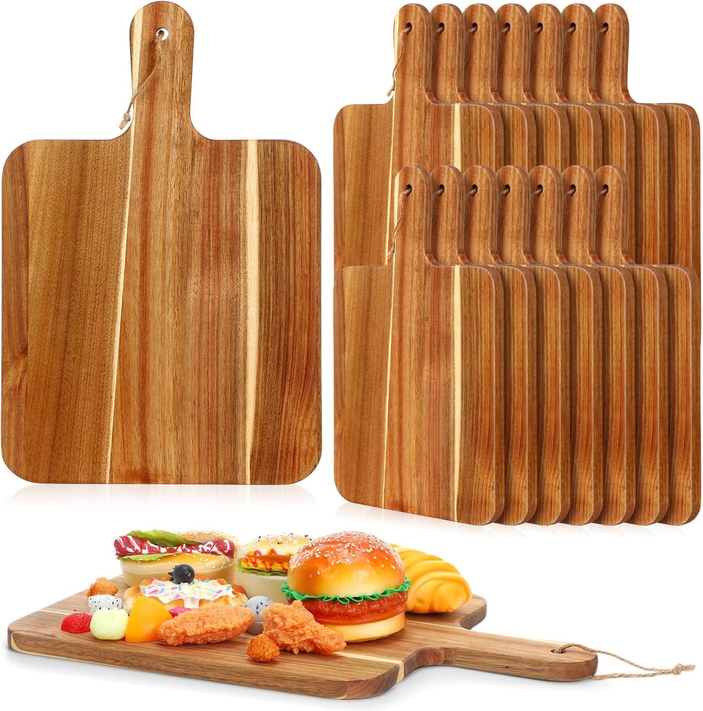 16 Pcs Acacia Wood Cutting Board with Handles Bulk,12 x 6 Inch | Wooden Charcuterie Boards Serving Chopping Boards for Kitchen, Pizza, Bread, Vegetables, Laser Engraving, Housewarming Gifts
