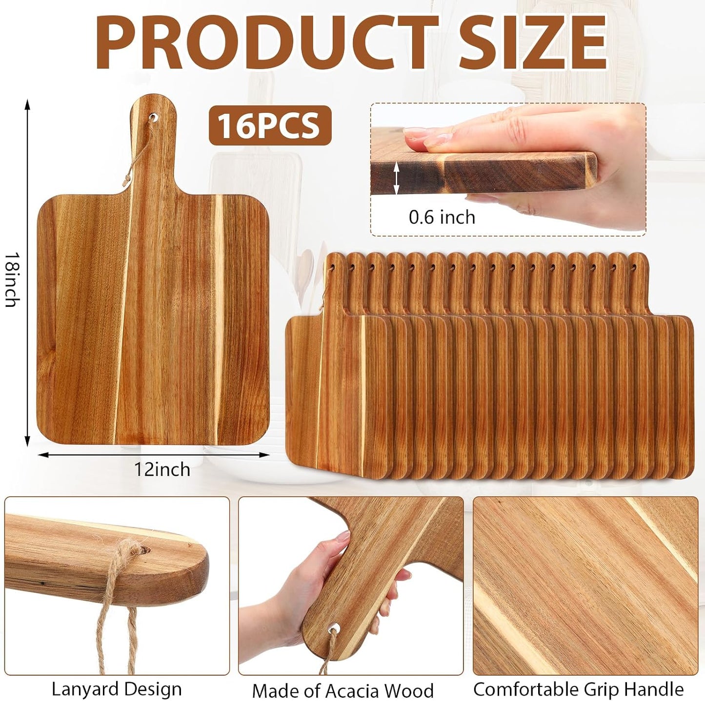 16 Pcs Acacia Wood Cutting Board with Handles Bulk,12 x 6 Inch | Wooden Charcuterie Boards Serving Chopping Boards for Kitchen, Pizza, Bread, Vegetables, Laser Engraving, Housewarming Gifts