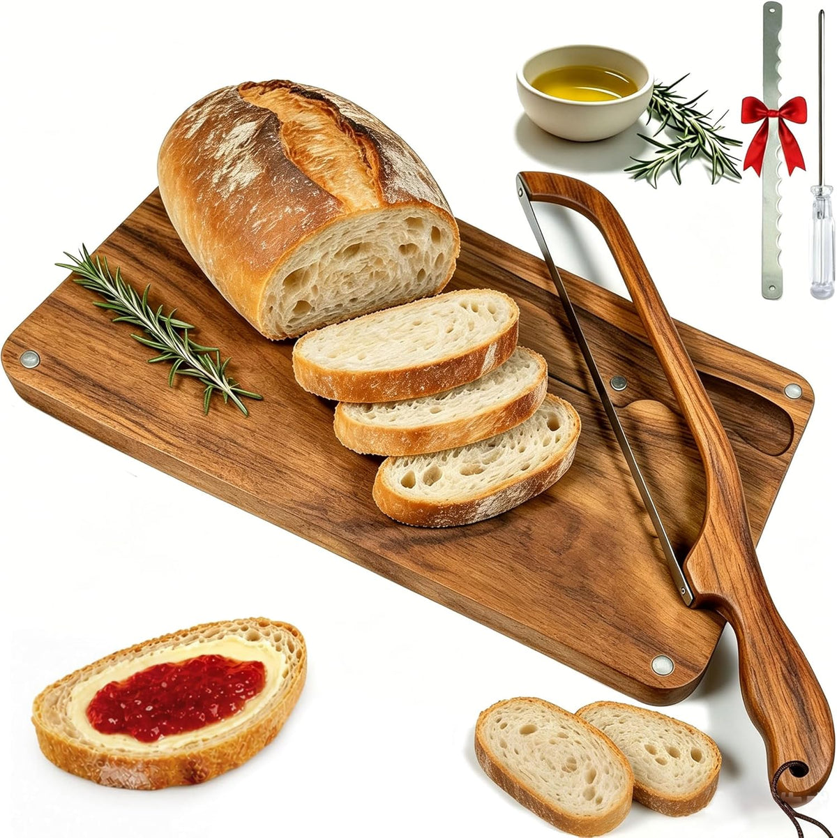 Sourdough Bread Board Set – 16" Bow Knife & Cutting Board with Crumb Tray, Non-Slip Pads, Magnetic Storage, Slicer for Homemade Bread, Bagels, Baguettes & Artisan Loaves, Baker’s Gift