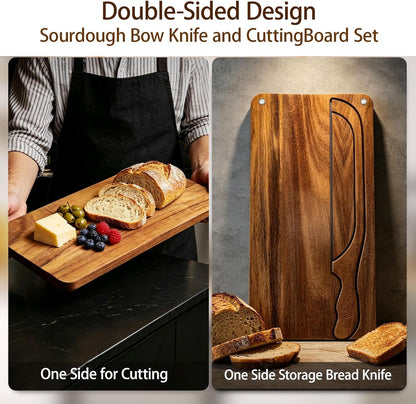 Sourdough Bread Board Set – 16" Bow Knife & Cutting Board with Crumb Tray, Non-Slip Pads, Magnetic Storage, Slicer for Homemade Bread, Bagels, Baguettes & Artisan Loaves, Baker’s Gift