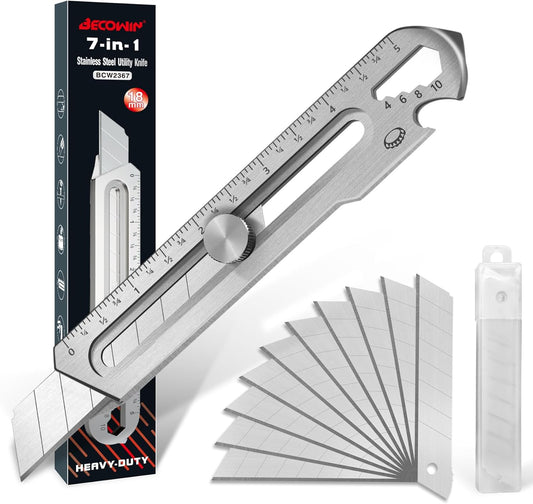 18mm Snap Off Utility Knife, Stainless Steel Heavy Duty Box Cutter | 7-in-1 Multi-Function Metal Utility Knife with Ruler, Bottle Opener, 10 Extra Blades for DIY, Garage, Workshop, Daily Cutting