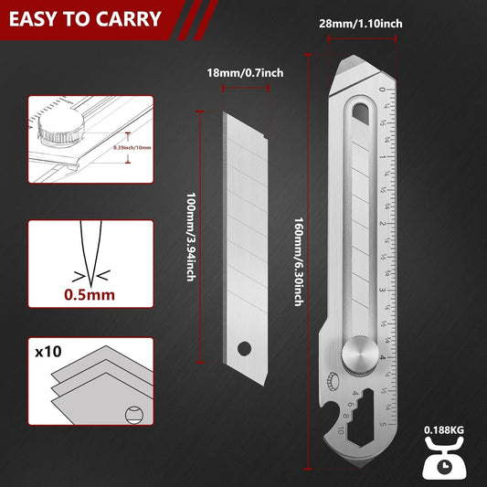18mm Snap Off Utility Knife, Stainless Steel Heavy Duty Box Cutter | 7-in-1 Multi-Function Metal Utility Knife with Ruler, Bottle Opener, 10 Extra Blades for DIY, Garage, Workshop, Daily Cutting