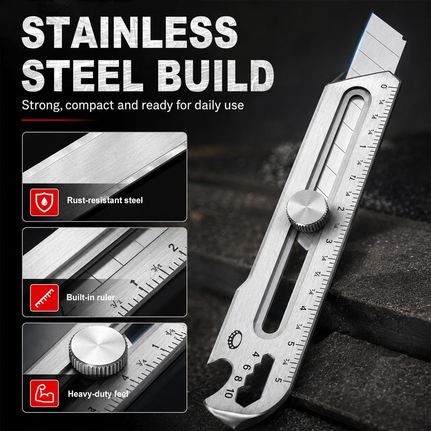 18mm Snap Off Utility Knife, Stainless Steel Heavy Duty Box Cutter | 7-in-1 Multi-Function Metal Utility Knife with Ruler, Bottle Opener, 10 Extra Blades for DIY, Garage, Workshop, Daily Cutting