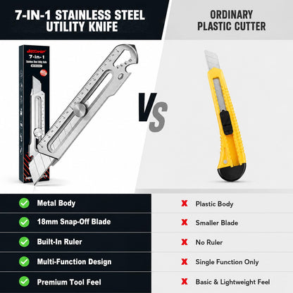 18mm Snap Off Utility Knife, Stainless Steel Heavy Duty Box Cutter | 7-in-1 Multi-Function Metal Utility Knife with Ruler, Bottle Opener, 10 Extra Blades for DIY, Garage, Workshop, Daily Cutting