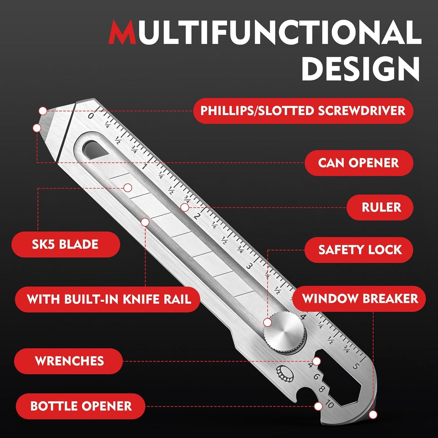 18mm Snap Off Utility Knife, Stainless Steel Heavy Duty Box Cutter | 7-in-1 Multi-Function Metal Utility Knife with Ruler, Bottle Opener, 10 Extra Blades for DIY, Garage, Workshop, Daily Cutting
