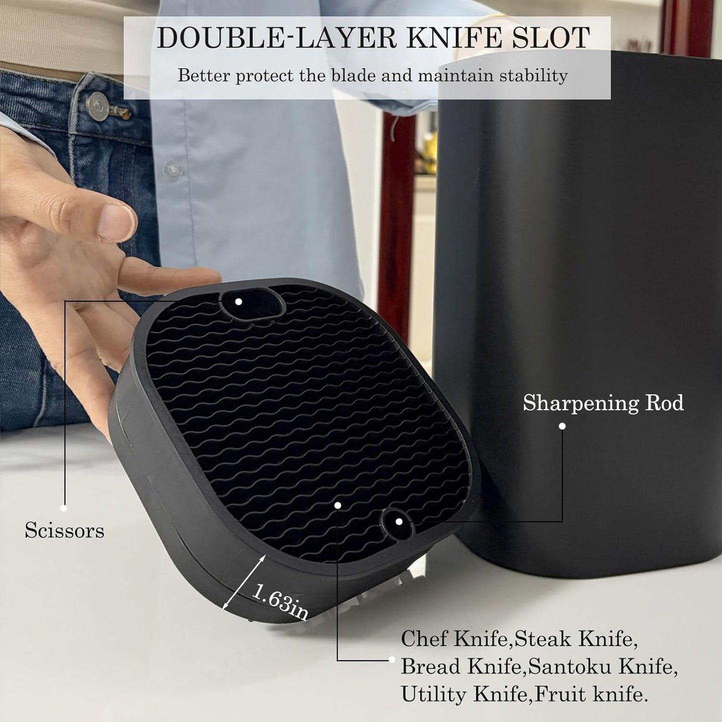 Knife Block with Scissors & Sharpening Rod Slots for Countertop | Plastic Black Universal Knife holder Hold 21 Knives Large Capacity,Save Space,Easy to Clean Empty Orgnizer for Kitchen Knife