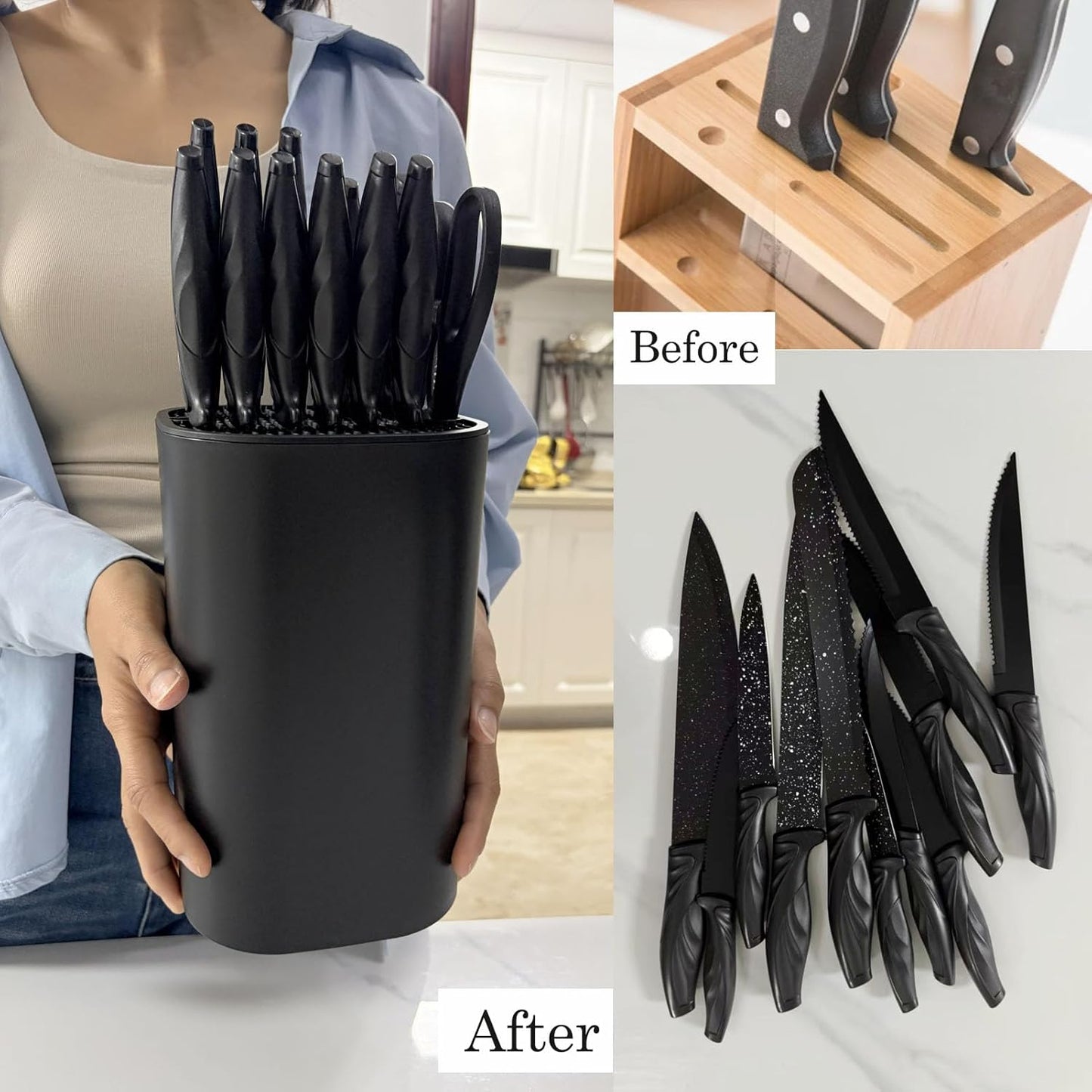Knife Block with Scissors & Sharpening Rod Slots for Countertop | Plastic Black Universal Knife holder Hold 21 Knives Large Capacity,Save Space,Easy to Clean Empty Orgnizer for Kitchen Knife