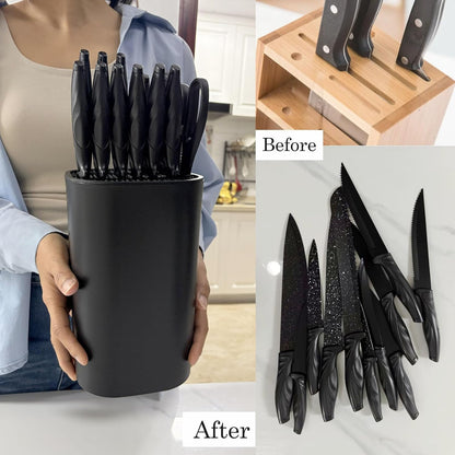 Knife Block with Scissors & Sharpening Rod Slots for Countertop | Plastic Black Universal Knife holder Hold 21 Knives Large Capacity,Save Space,Easy to Clean Empty Orgnizer for Kitchen Knife