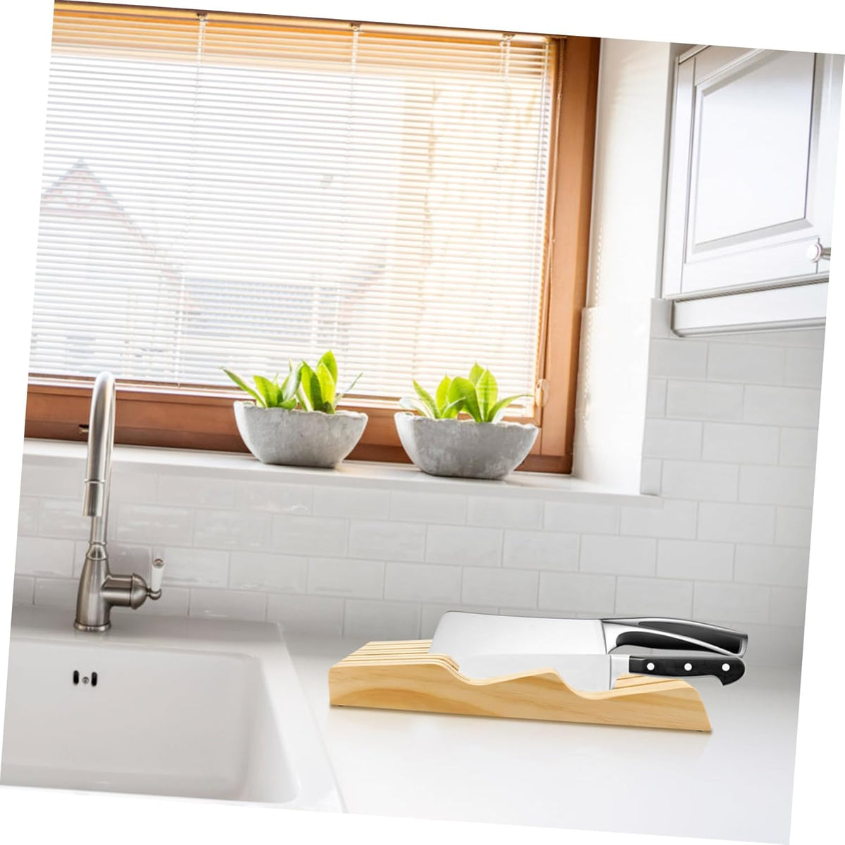 UKCOCO Khaki Wooden Drawer Knife Rack In Drawer Knives Block Organizer for Kitchen Storage Sturdy Beech Wood Cutter Holder Protecting Blades Space Saving Design for Clutter Countertops