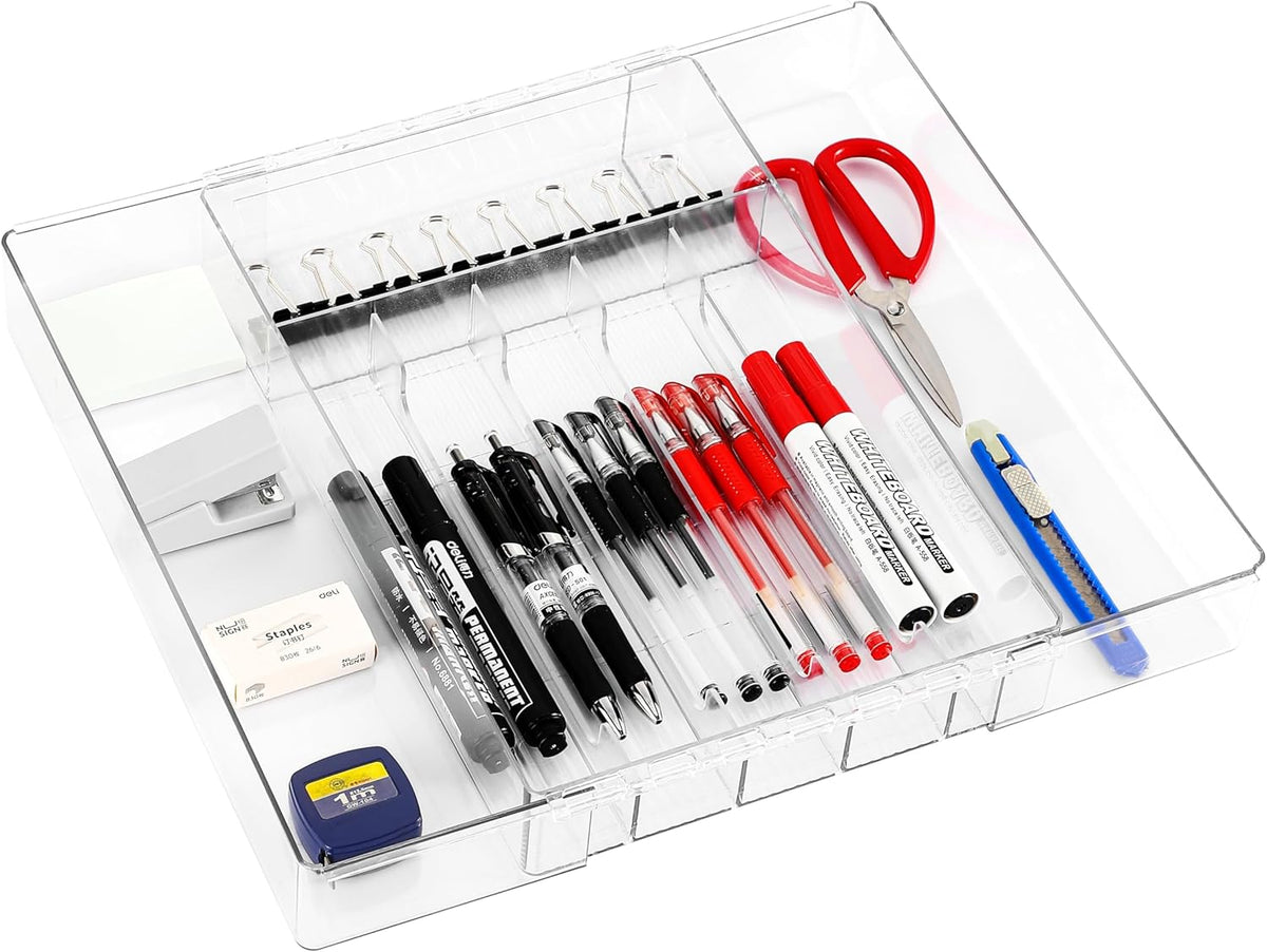 Silverware Drawer Organizer Tray for Kitchen,Expandable Utensil Tray Multipurpose Drawer Dividers Adjustable Cutlery and Flatware Holder,Plastic Spoon Forks Knives Holder Storage Divider,Clear-M