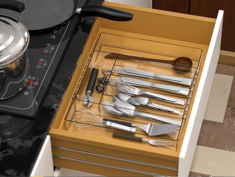 Silverware Drawer Organizer Tray for Kitchen,Expandable Utensil Tray Multipurpose Drawer Dividers Adjustable Cutlery and Flatware Holder,Plastic Spoon Forks Knives Holder Storage Divider,Clear-M