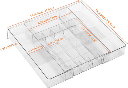 Silverware Drawer Organizer Tray for Kitchen,Expandable Utensil Tray Multipurpose Drawer Dividers Adjustable Cutlery and Flatware Holder,Plastic Spoon Forks Knives Holder Storage Divider,Clear-M