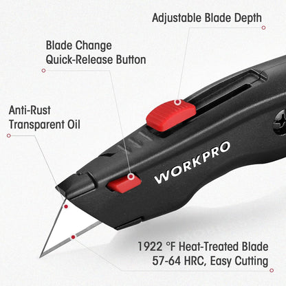 Premium Utility Knife, Retractable All Metal Heavy Duty Box Cutter, Quick Change Blade Razor Knife, with 10 Extra Blades