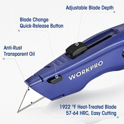 Premium Utility Knife, Retractable All Metal Heavy Duty Box Cutter, Quick Change Blade Razor Knife, with 10 Extra Blades
