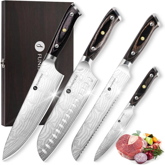 4 Pieces Professional Kitchen Knife Set, Damascus German Stainless Steel Chef Knife Set With Wooden Box, 8" Chef Knife, 5" Utility Knife, 8" Bread Knife, 7" Santoku Knife, Gift for Men Women 20 cm