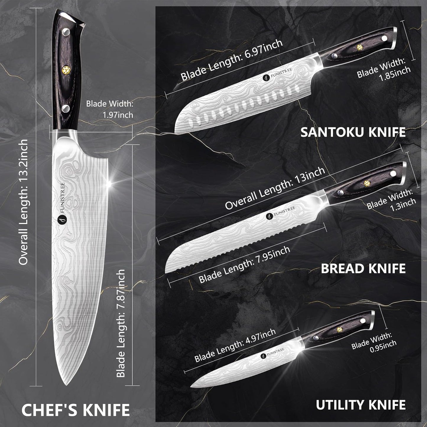 4 Pieces Professional Kitchen Knife Set, Damascus German Stainless Steel Chef Knife Set With Wooden Box, 8" Chef Knife, 5" Utility Knife, 8" Bread Knife, 7" Santoku Knife, Gift for Men Women 20 cm