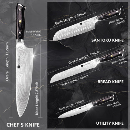 4 Pieces Professional Kitchen Knife Set, Damascus German Stainless Steel Chef Knife Set With Wooden Box, 8" Chef Knife, 5" Utility Knife, 8" Bread Knife, 7" Santoku Knife, Gift for Men Women 20 cm