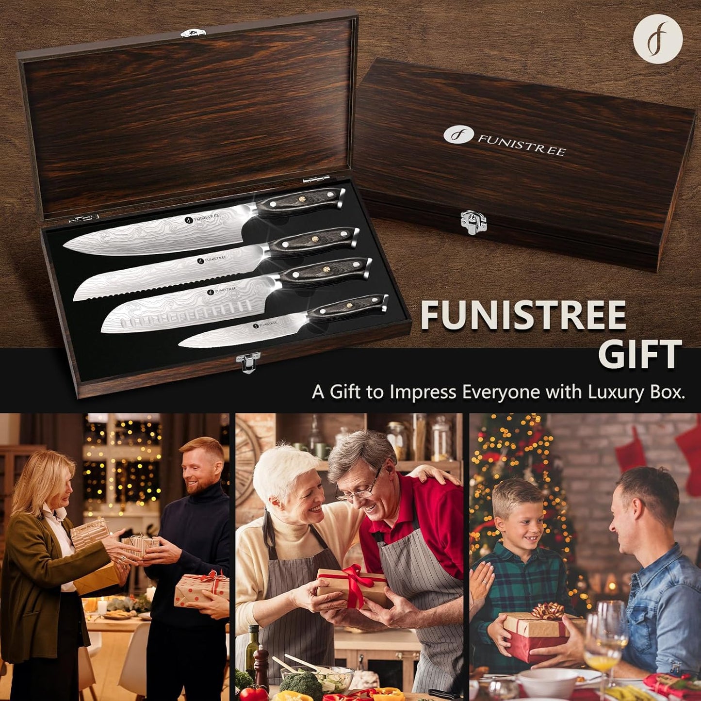 4 Pieces Professional Kitchen Knife Set, Damascus German Stainless Steel Chef Knife Set With Wooden Box, 8" Chef Knife, 5" Utility Knife, 8" Bread Knife, 7" Santoku Knife, Gift for Men Women 20 cm
