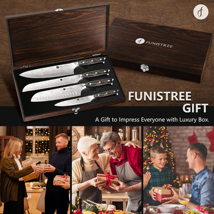 4 Pieces Professional Kitchen Knife Set, Damascus German Stainless Steel Chef Knife Set With Wooden Box, 8" Chef Knife, 5" Utility Knife, 8" Bread Knife, 7" Santoku Knife, Gift for Men Women 20 cm