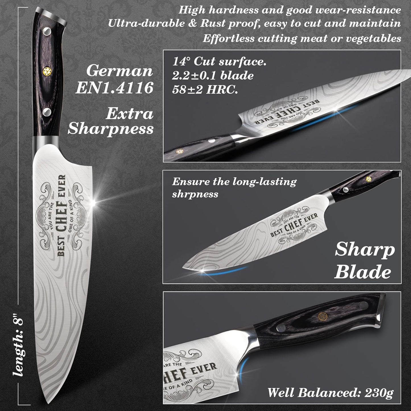 4 Pieces Professional Kitchen Knife Set, Damascus German Stainless Steel Chef Knife Set With Wooden Box, 8" Chef Knife, 5" Utility Knife, 8" Bread Knife, 7" Santoku Knife, Gift for Men Women 20 cm