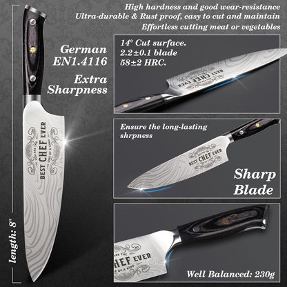4 Pieces Professional Kitchen Knife Set, Damascus German Stainless Steel Chef Knife Set With Wooden Box, 8" Chef Knife, 5" Utility Knife, 8" Bread Knife, 7" Santoku Knife, Gift for Men Women 20 cm