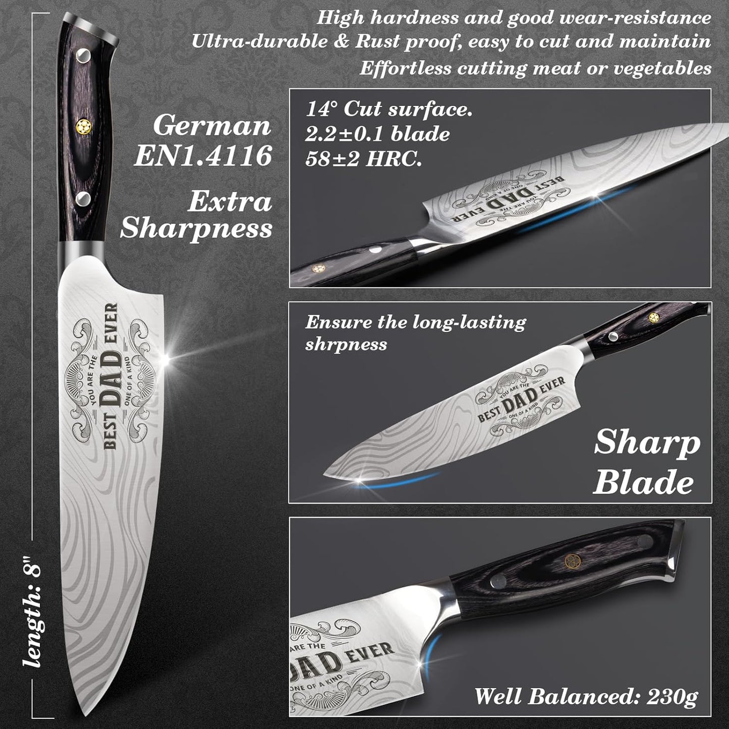 4 Pieces Professional Kitchen Knife Set, Damascus German Stainless Steel Chef Knife Set With Wooden Box, 8" Chef Knife, 5" Utility Knife, 8" Bread Knife, 7" Santoku Knife, Gift for Men Women 20 cm
