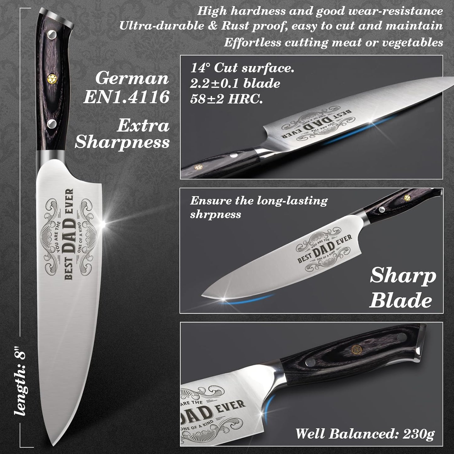 4 Pieces Professional Kitchen Knife Set, Damascus German Stainless Steel Chef Knife Set With Wooden Box, 8" Chef Knife, 5" Utility Knife, 8" Bread Knife, 7" Santoku Knife, Gift for Men Women 20 cm