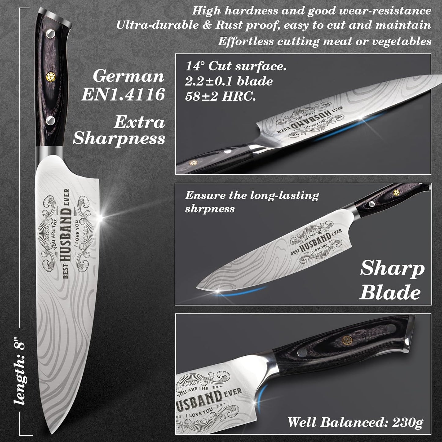 4 Pieces Professional Kitchen Knife Set, Damascus German Stainless Steel Chef Knife Set With Wooden Box, 8" Chef Knife, 5" Utility Knife, 8" Bread Knife, 7" Santoku Knife, Gift for Men Women 20 cm