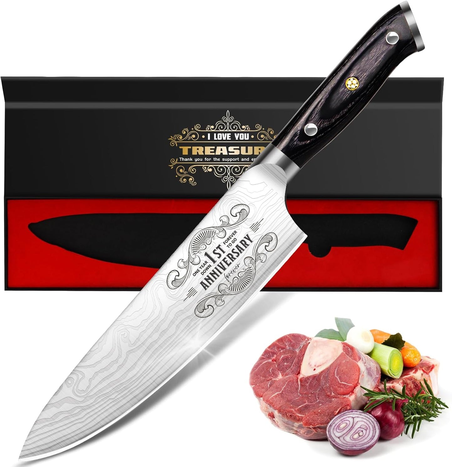 4 Pieces Professional Kitchen Knife Set, Damascus German Stainless Steel Chef Knife Set With Wooden Box, 8" Chef Knife, 5" Utility Knife, 8" Bread Knife, 7" Santoku Knife, Gift for Men Women 20 cm