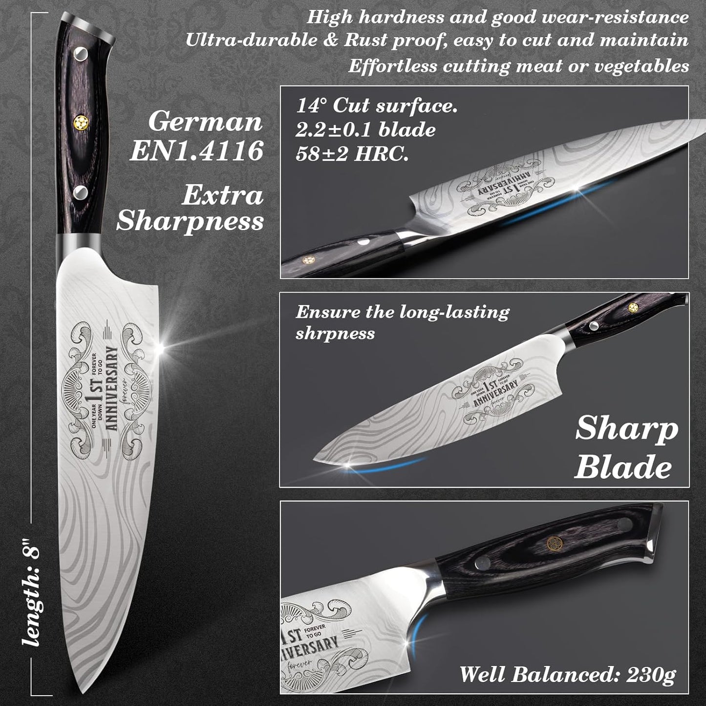 4 Pieces Professional Kitchen Knife Set, Damascus German Stainless Steel Chef Knife Set With Wooden Box, 8" Chef Knife, 5" Utility Knife, 8" Bread Knife, 7" Santoku Knife, Gift for Men Women 20 cm